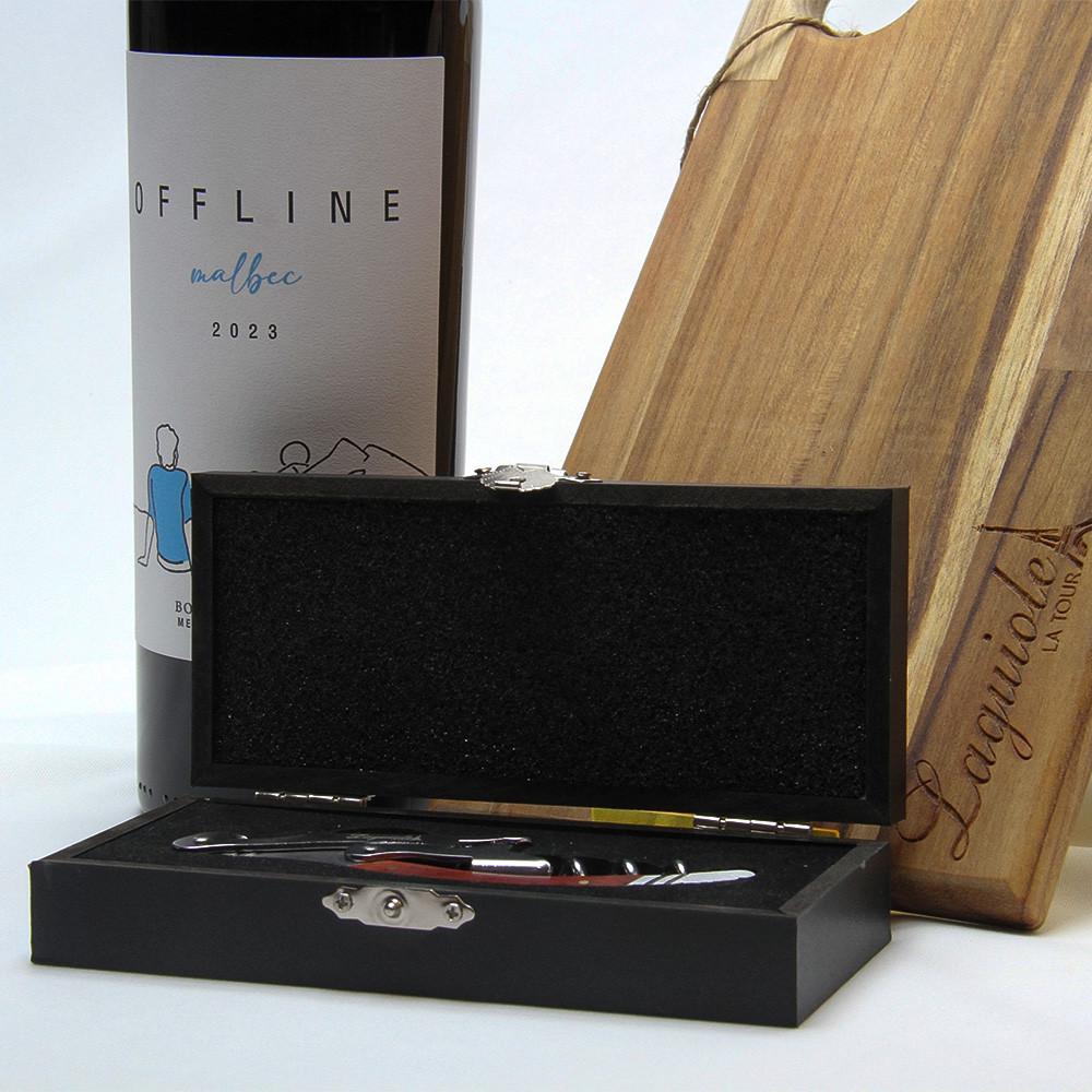 Kit Vinho Offline Malbec, Saca-rolhas Com Caixa E Tábua De Aperitivo
