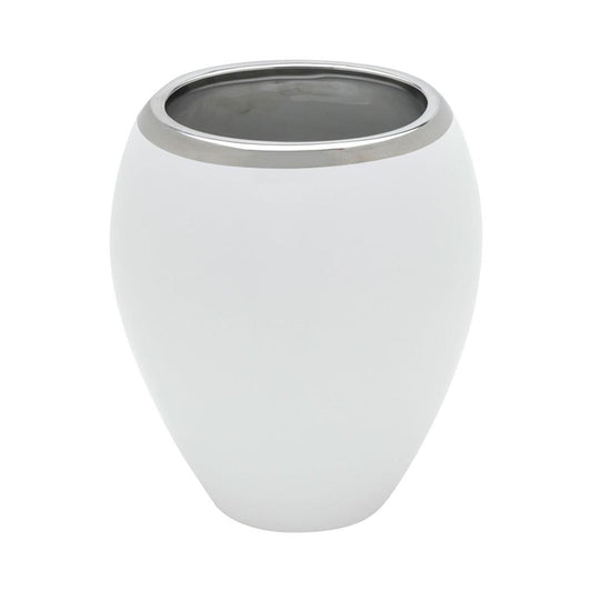 Vaso Decorativo em Cerâmica  13 cm x10 cm x 15 cm na cor Branca com Detalhe em Cinza